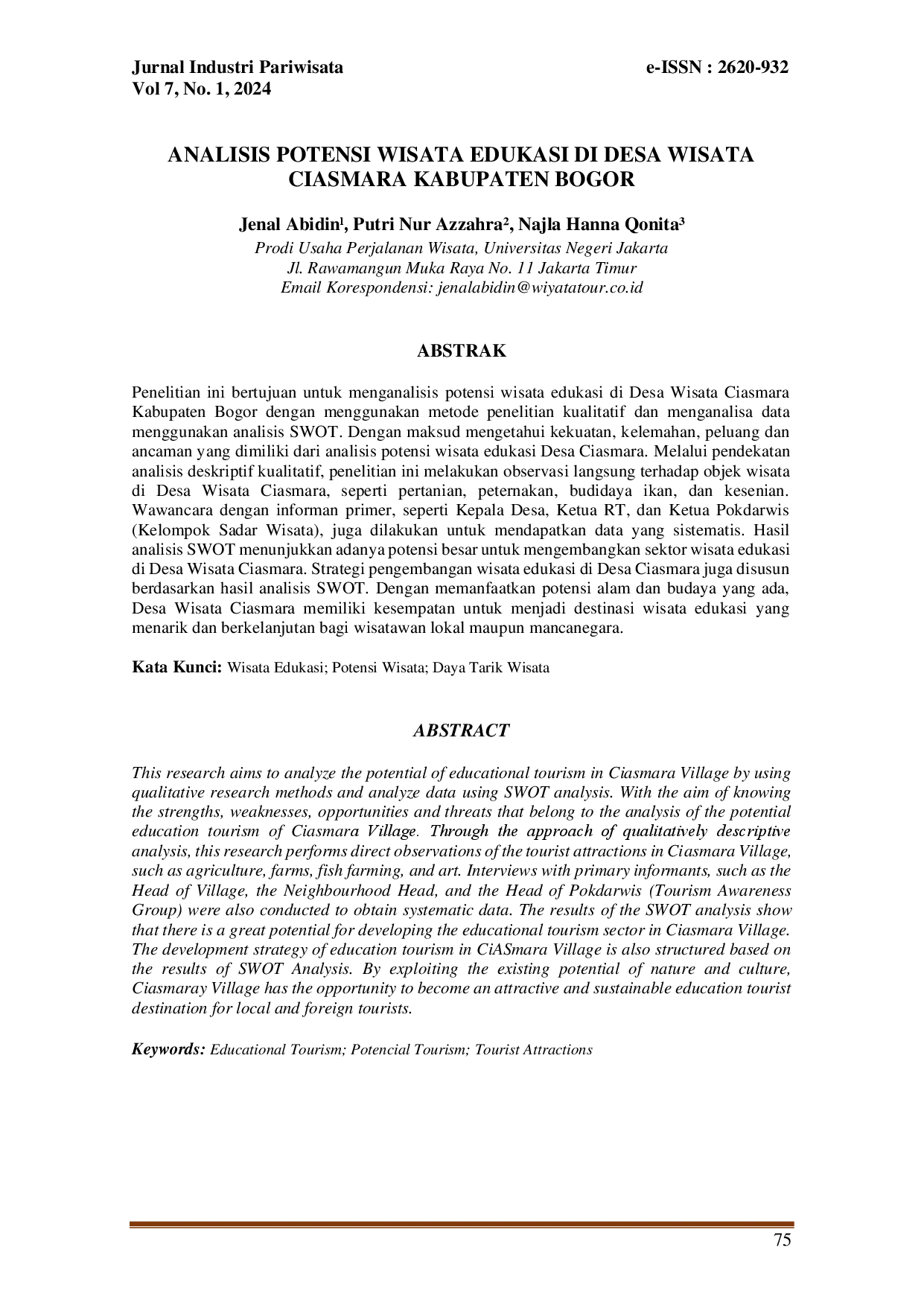 juris Analisis Potensi Wisata Edukasi di Desa Wisata Ciasmara Kabupaten Bogor