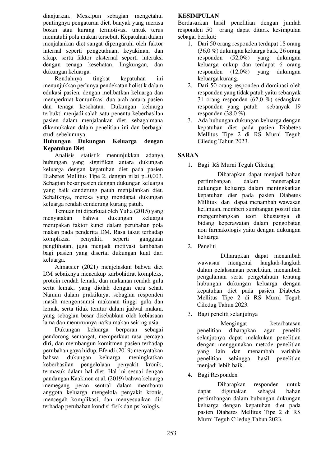 JURIS Hubungan Dukungan Keluarga Dengan Kepatuhan Diet Pada Pasien Diabetes Mellitus Tipe 2 Di Rs Murni Teguh Ciledug