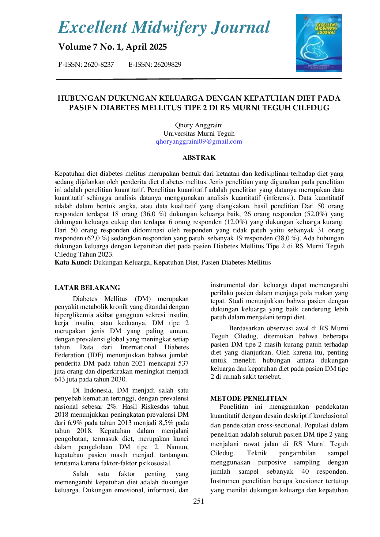 JURIS Hubungan Dukungan Keluarga Dengan Kepatuhan Diet Pada Pasien Diabetes Mellitus Tipe 2 Di Rs Murni Teguh Ciledug