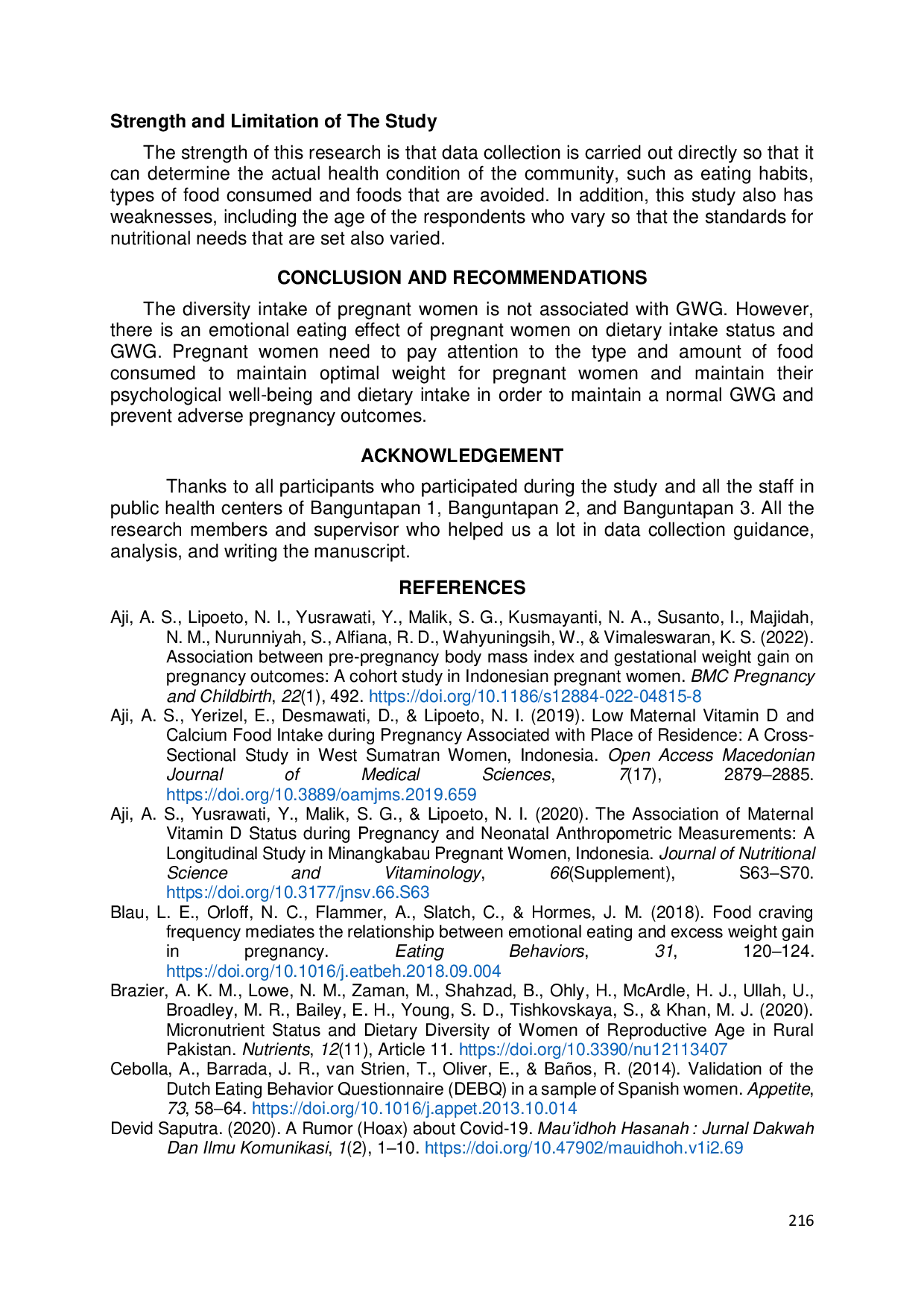 JURIS Dietary Intake and Emotional Eating Status in Relation to Gestational Weight Gain among Indonesian Pregnant Women in Bantul