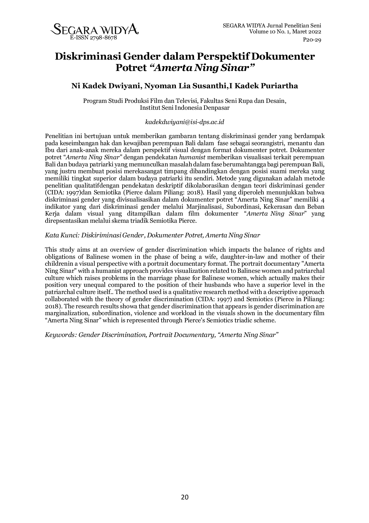 JURIS Diskriminasi Gender dalam Perspektif Dokumenter Potret Amerta Ning Sinar