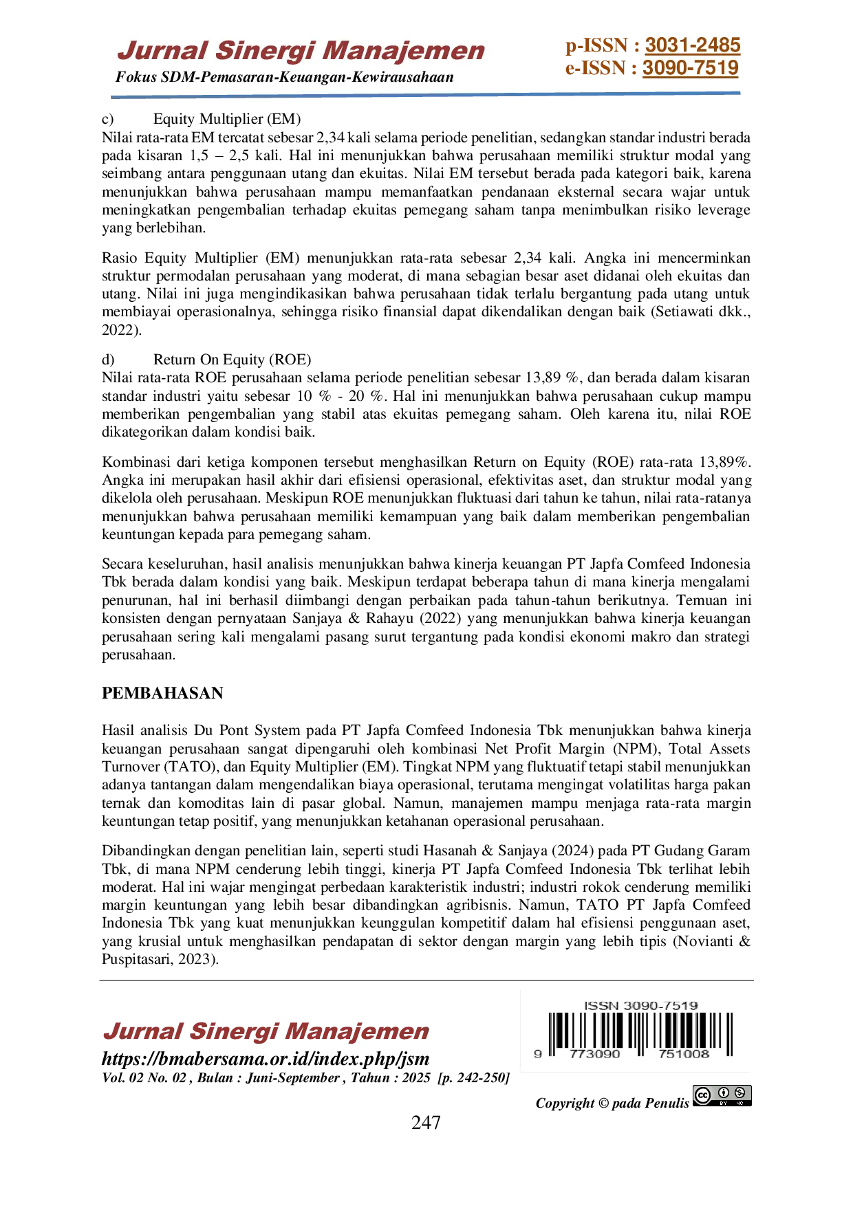 JURIS Analisis Dupont System dalam Menilai Kinerja Keuangan pada PT Japfa Comfeed Indonesia Tbk Periode 2014 2024