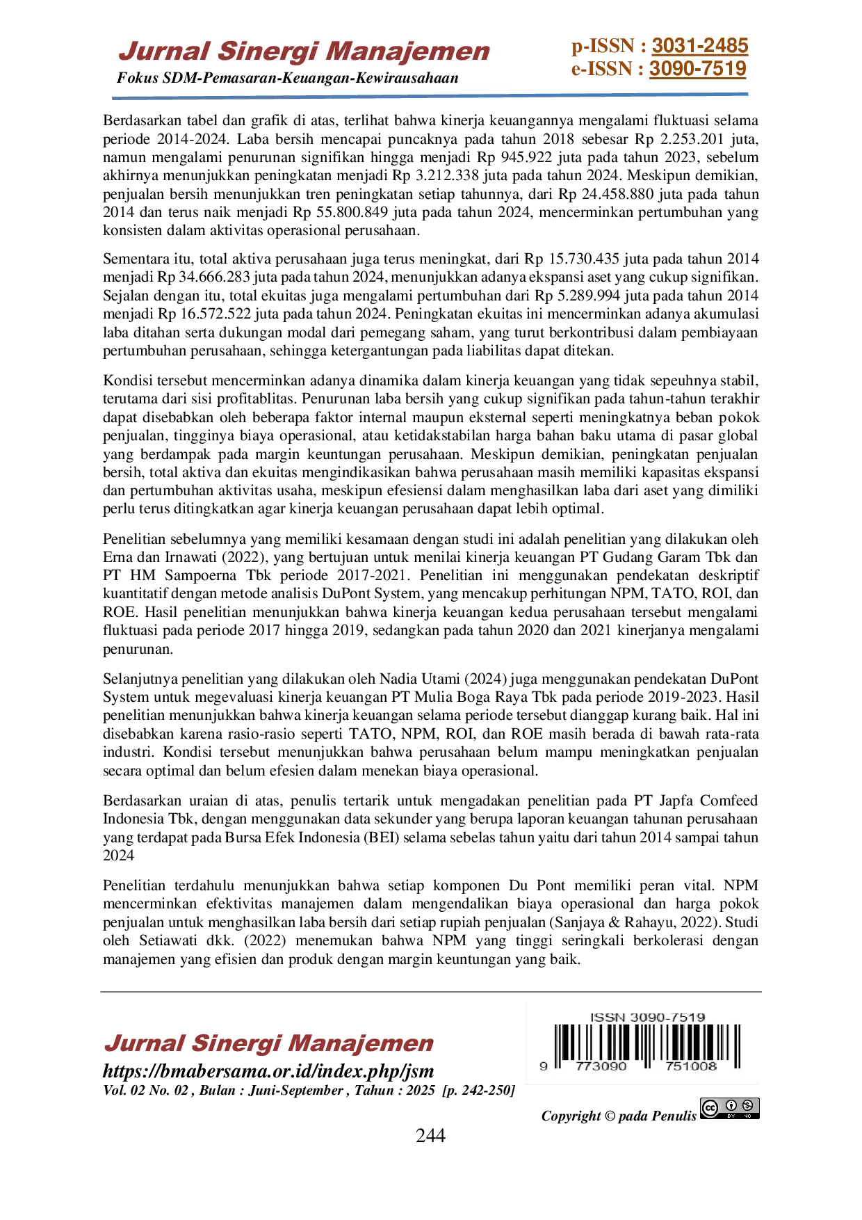 JURIS Analisis Dupont System dalam Menilai Kinerja Keuangan pada PT Japfa Comfeed Indonesia Tbk Periode 2014 2024