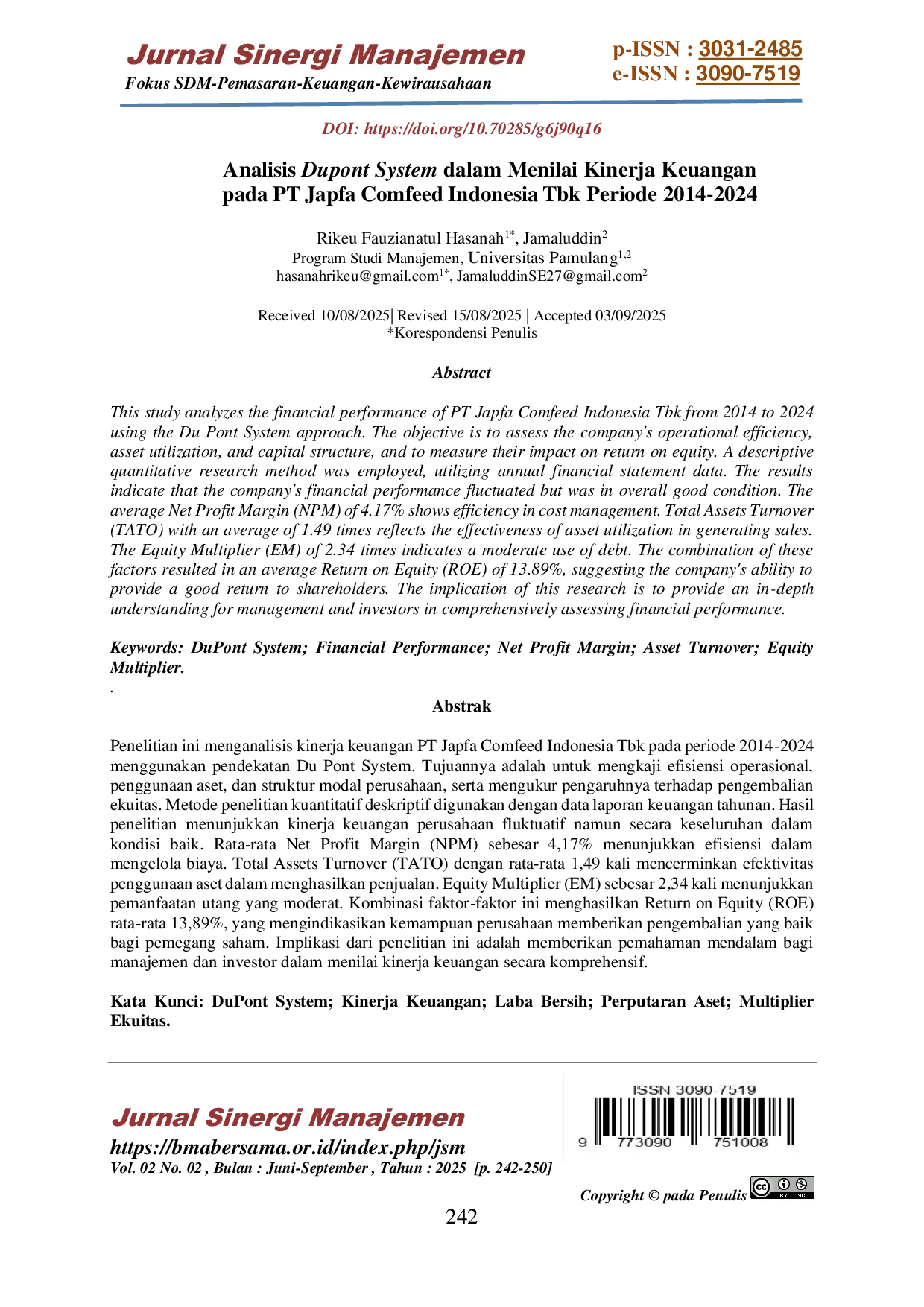 JURIS Analisis Dupont System dalam Menilai Kinerja Keuangan pada PT Japfa Comfeed Indonesia Tbk Periode 2014 2024