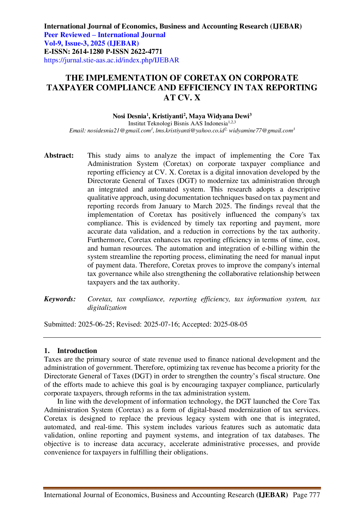 JURIS Implementasi Coretax Pada Kepatuhan Wajib Pajak Badan Dan Efisiensi Pelaporan Pajak Di Cv X