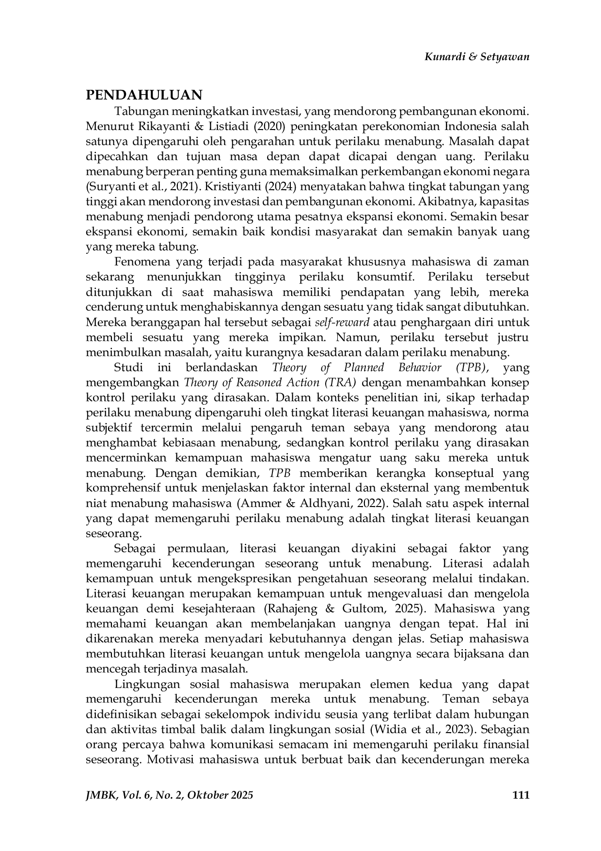 JURIS Perilaku Menabung Mahasiswa Berdasarkan Literasi Keuangan Teman Sebaya dan Uang Saku
