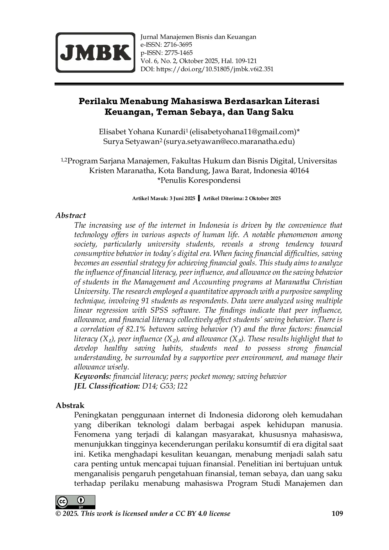 JURIS Perilaku Menabung Mahasiswa Berdasarkan Literasi Keuangan Teman Sebaya dan Uang Saku
