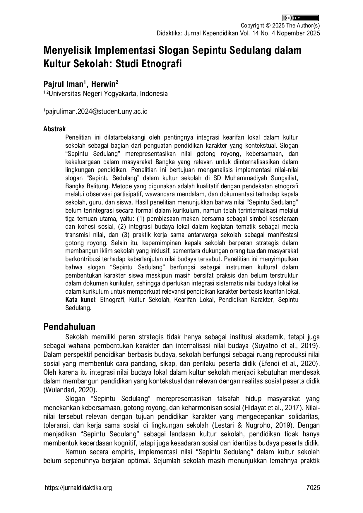 JURIS Menyelisik Implementasi Slogan Sepintu Sedulang dalam Kultur Sekolah Studi Etnografi