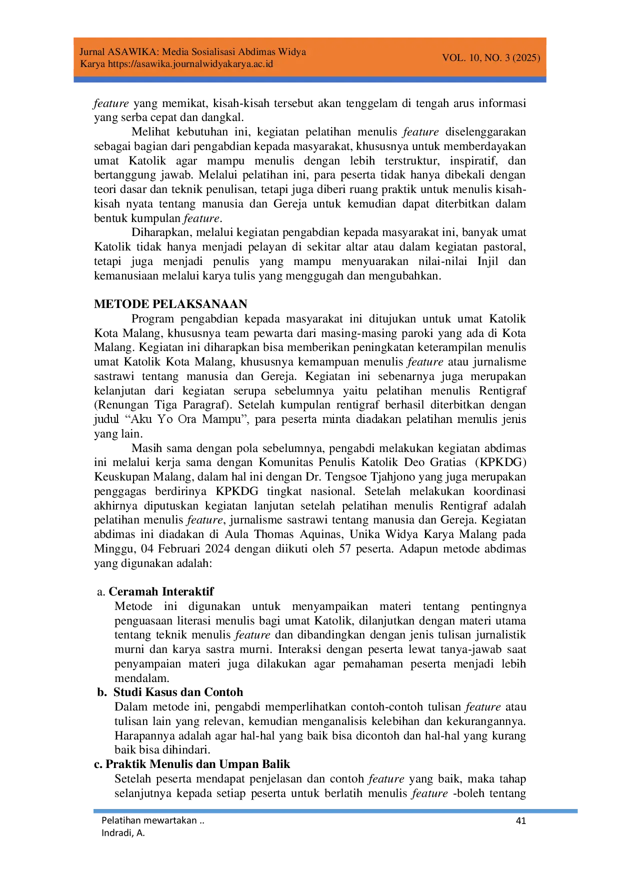 juris Pelatihan Mewartakan Kasih Melalui Tulisan Feature Bagi Umat Katolik Kota Malang