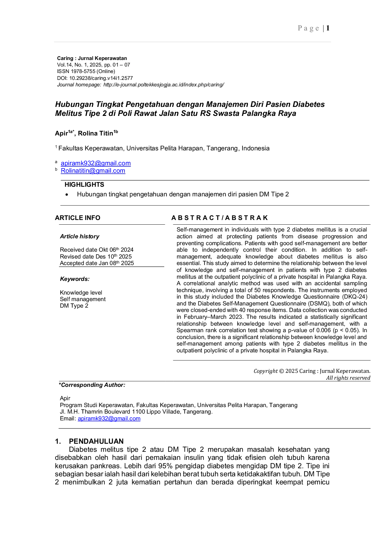 JURIS Hubungan Tingkat Pengetahuan dengan Manajemen Diri Pasien Diabetes Melitus Tipe 2 di Poli Rawat Jalan Satu RS Swasta Palangka Raya