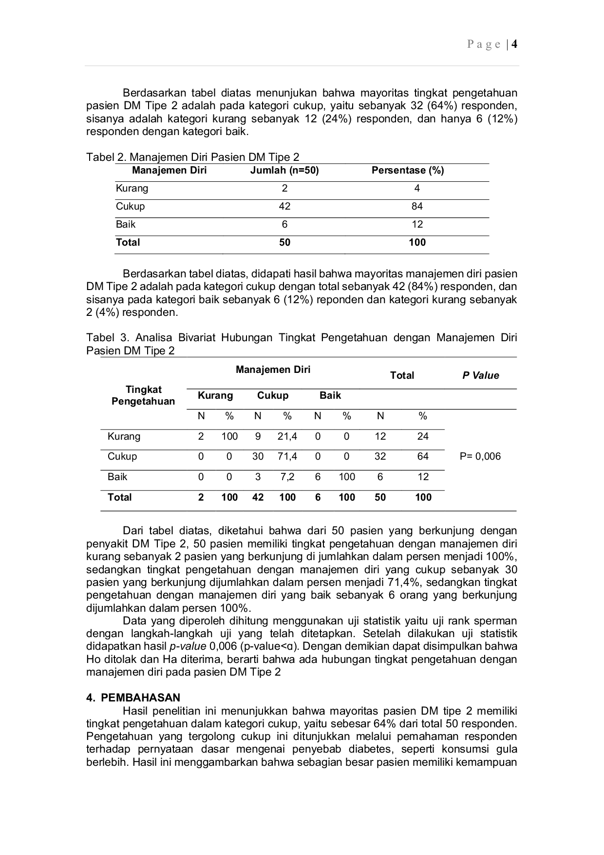 JURIS Hubungan Tingkat Pengetahuan dengan Manajemen Diri Pasien Diabetes Melitus Tipe 2 di Poli Rawat Jalan Satu RS Swasta Palangka Raya