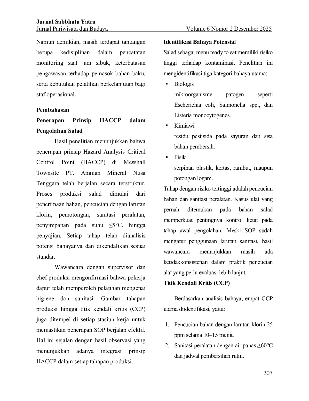 JURIS Implementasi HACCP pada Pengolahan Salad di Messhall PT Amman Mineral Nusa Tenggara