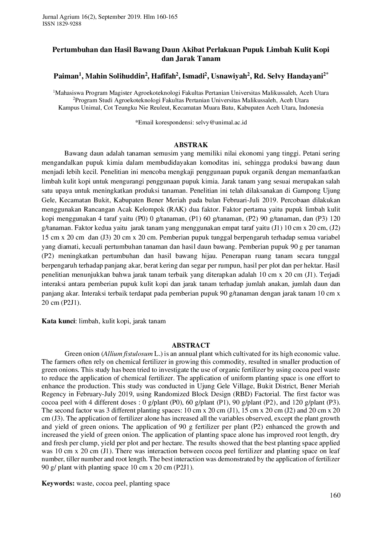 JURIS Pertumbuhan dan Hasil Bawang Daun Akibat Perlakuan Pupuk Limbah Kulit Kopi dan Jarak Tanam