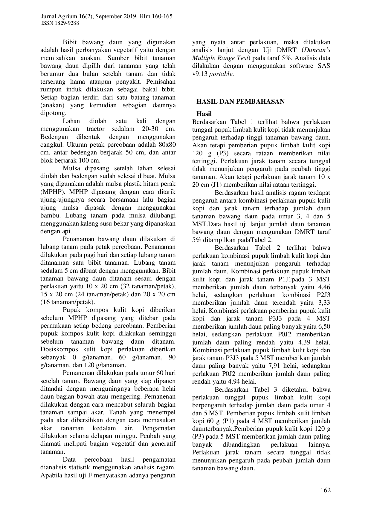 JURIS Pertumbuhan dan Hasil Bawang Daun Akibat Perlakuan Pupuk Limbah Kulit Kopi dan Jarak Tanam