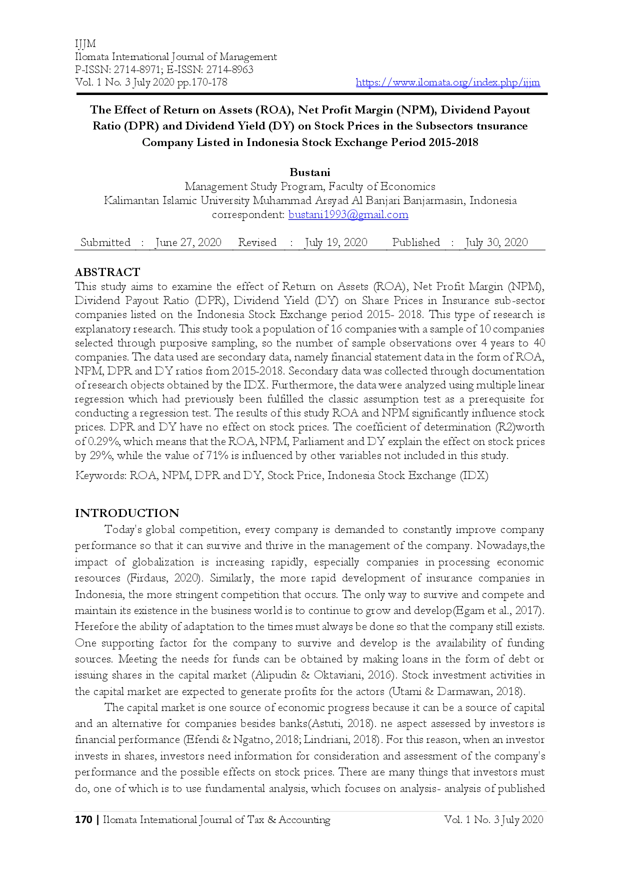 juris The Effect Of Return On Assets ROA Net Profit Margin NPM Dividend Payout Ratio DPR And Dividend Yield DY On Stock Prices In The Subsectors Insurance Company Listed In Indonesia Stock Exchang