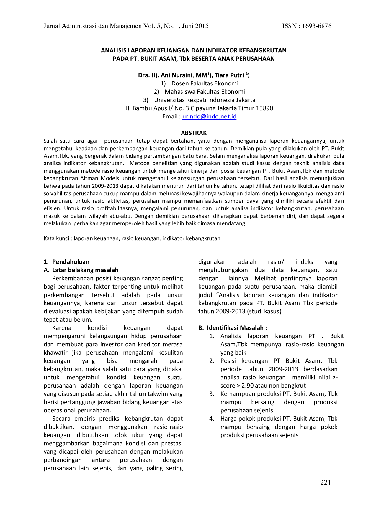 JURIS ANALISIS LAPORAN KEUANGAN DAN INDIKATOR KEBANGKRUTAN PADA PT BUKIT ASAM Tbk BESERTA ANAK PERUSAHAAN