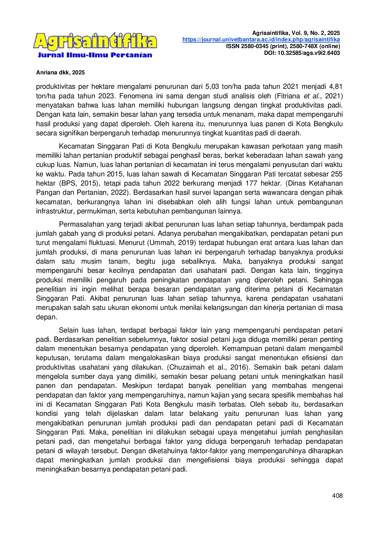 JURIS Analisis Pendapatan Usahatani Padi dan Faktor Faktor Yang Mempengaruhinya di Kecamatan Singgaran Pati Kota Bengkulu