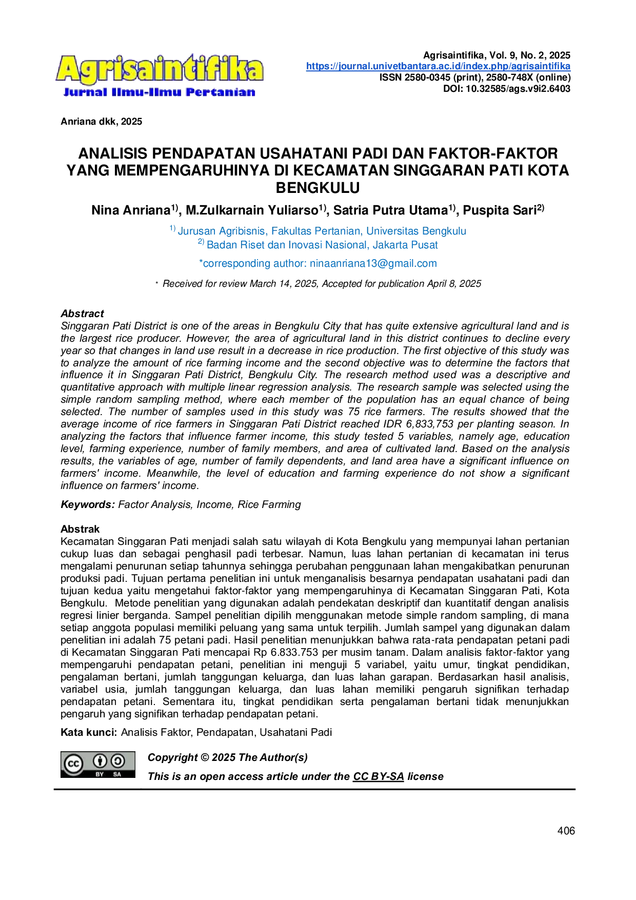JURIS Analisis Pendapatan Usahatani Padi dan Faktor Faktor Yang Mempengaruhinya di Kecamatan Singgaran Pati Kota Bengkulu