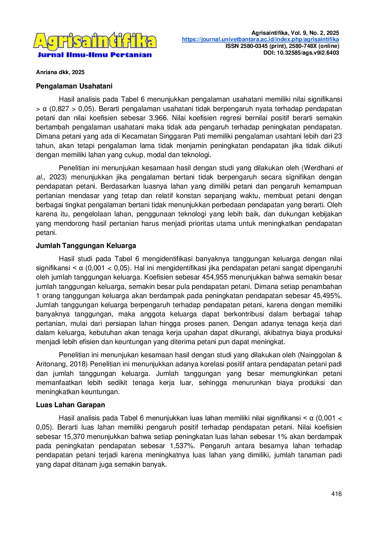 JURIS Analisis Pendapatan Usahatani Padi dan Faktor Faktor Yang Mempengaruhinya di Kecamatan Singgaran Pati Kota Bengkulu