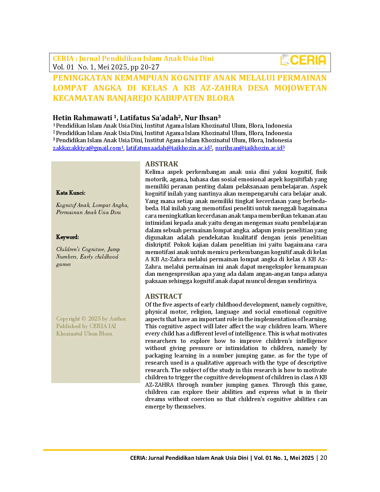 juris Peningkatan Kemampuan Kognitif Anak Melalui Permainan Lompat Angka di Kelas A KB Az Zahra Desa Mojowetan Kecamatan Banjarejo Kabupaten Blora