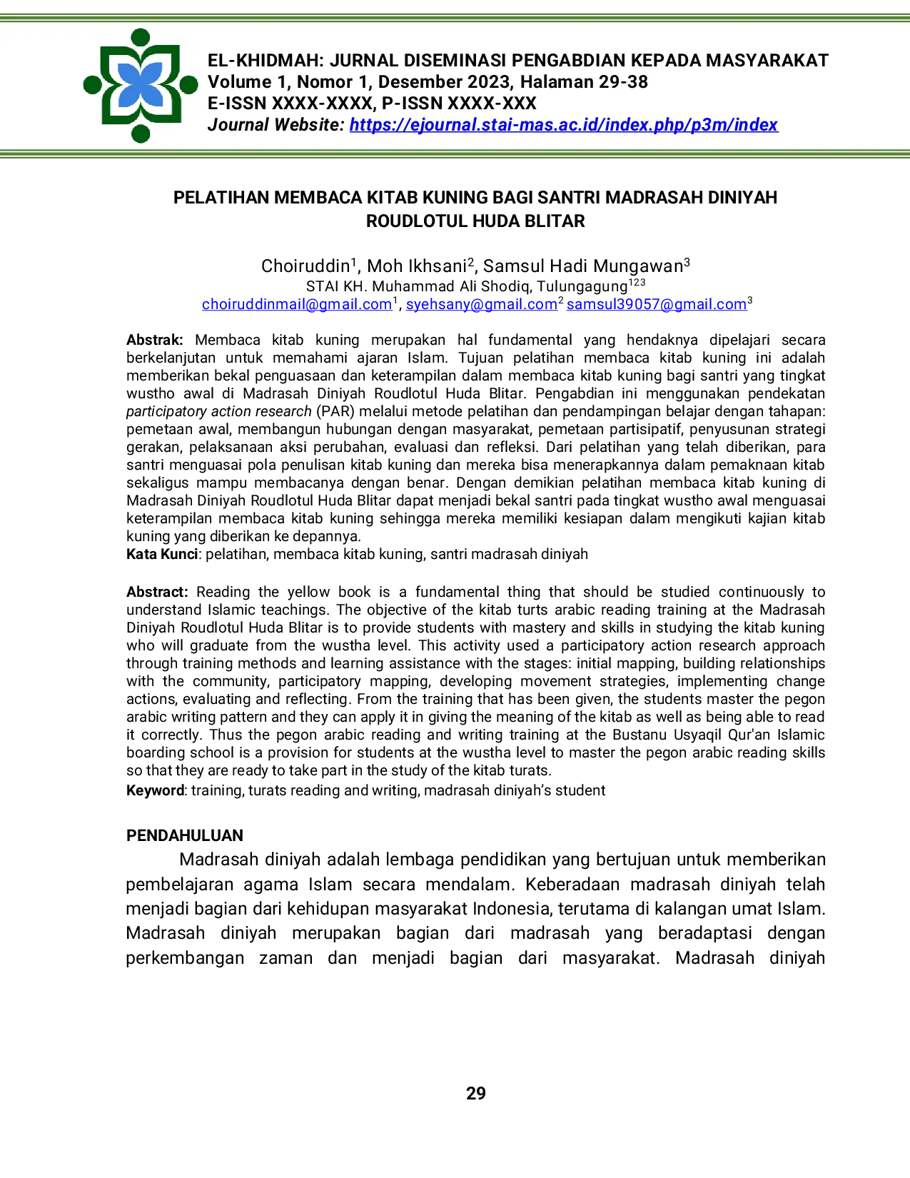 JURIS Pelatihan Membaca Kitab Kuning Bagi Santri Madrasah Diniyah Roudlotul Huda Blitar