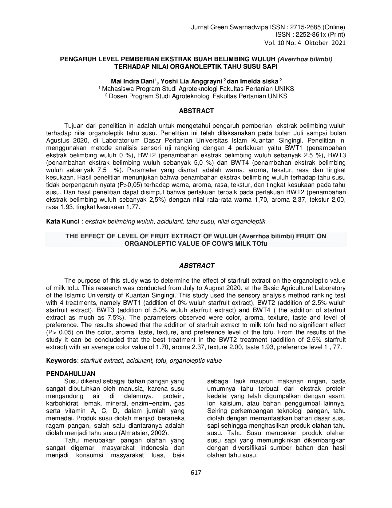 juris PENGARUH LEVEL PEMBERIAN EKSTRAK BUAH BELIMBING WULUH Averrhoa bilimbi TERHADAP NILAI ORGANOLEPTIK TAHU SUSU SAPI