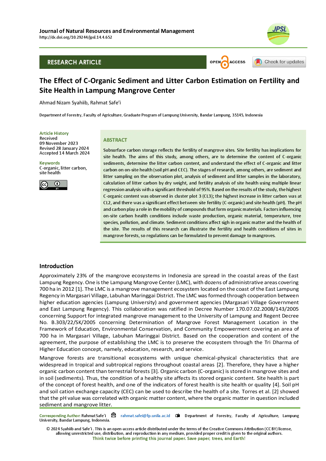 juris The Effect of C Organic Sediment and Litter Carbon Estimation on Fertility and Site Health in Lampung Mangrove Center