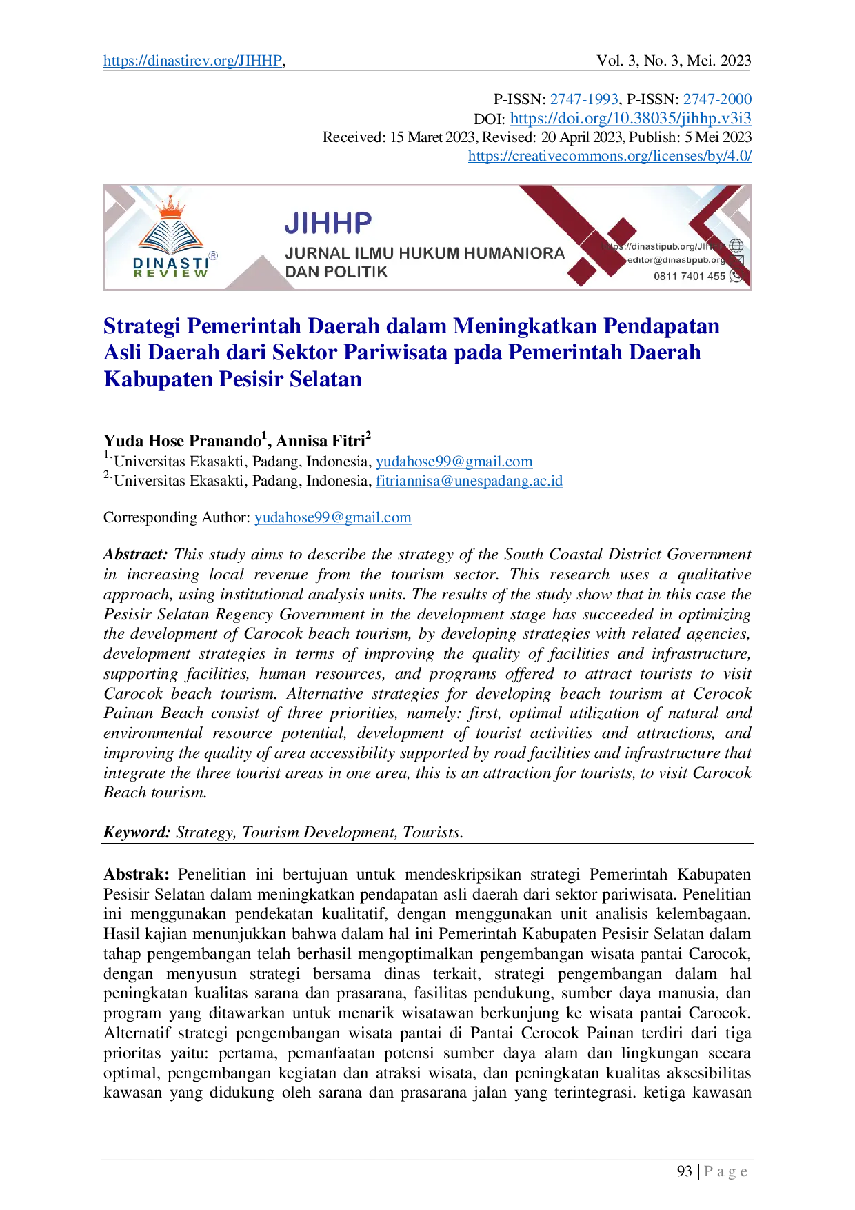 juris Strategi Pemerintah Daerah dalam Meningkatkan Pendapatan Asli Daerah dari Sektor Pariwisata pada Pemerintah Daerah Kabupaten Pesisir Selatan