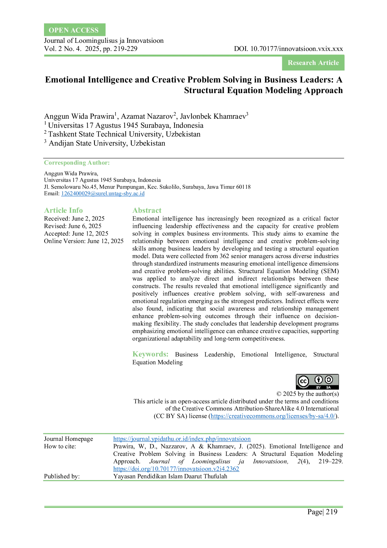 JURIS Emotional Intelligence and Creative Problem Solving in Business Leaders A Structural Equation Modeling Approach