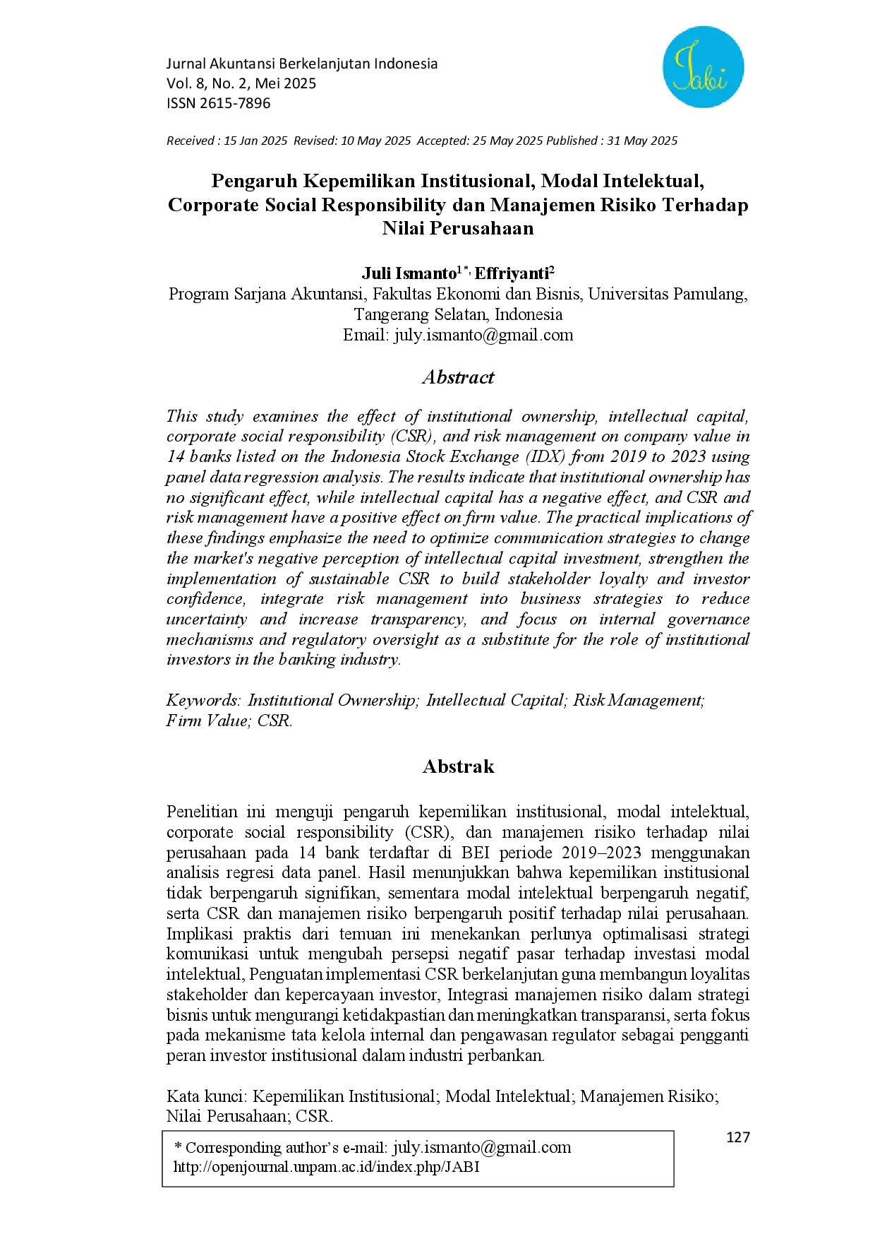 juris Pengaruh Kepemilikan Institusional Modal Intelektual Corporate Social Responsibility dan Manajemen Risiko Terhadap Nilai Perusahaan