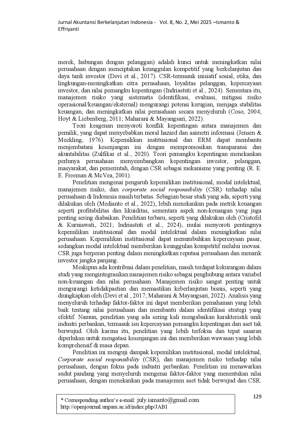 juris Pengaruh Kepemilikan Institusional Modal Intelektual Corporate Social Responsibility dan Manajemen Risiko Terhadap Nilai Perusahaan