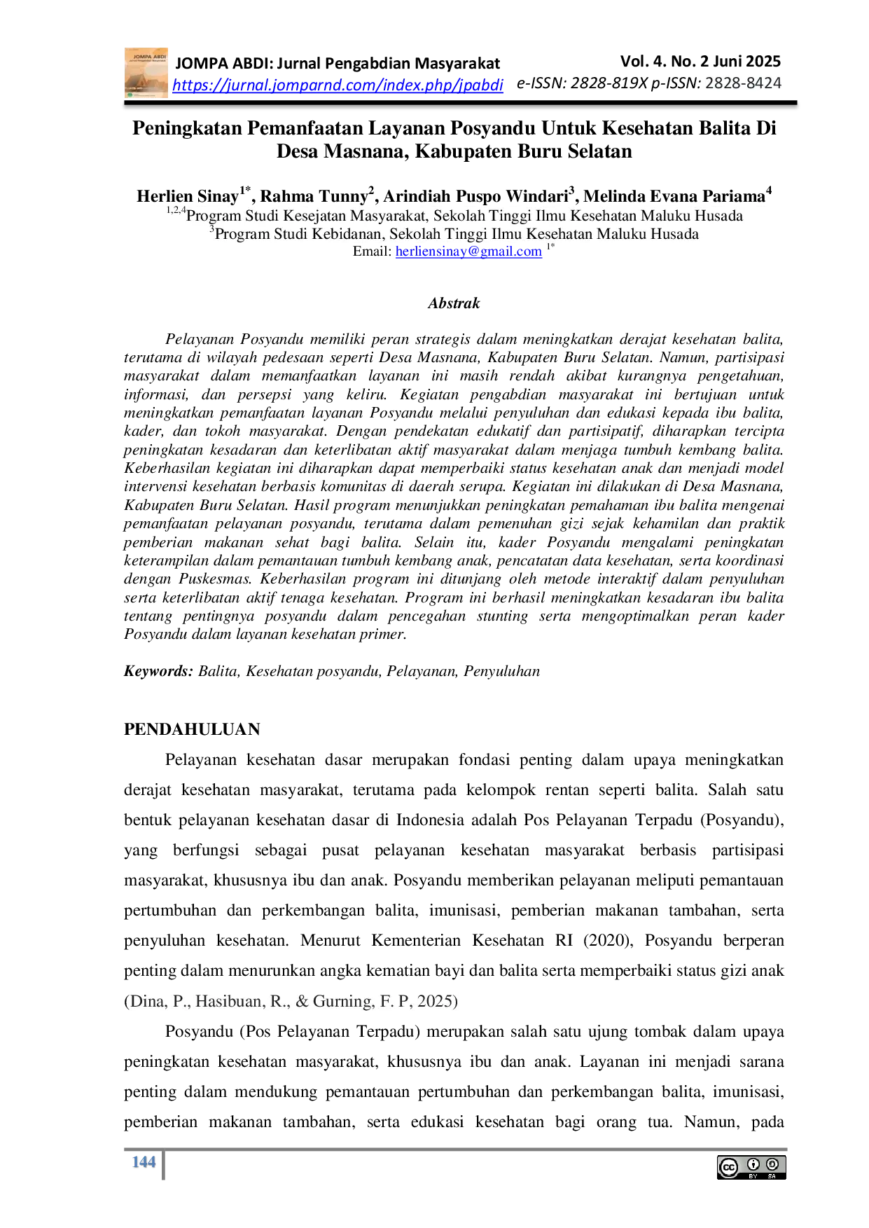 JURIS Peningkatan Pemanfaatan Layanan Posyandu Untuk Kesehatan Balita Di Desa Masnana Kabupaten Buru Selatan
