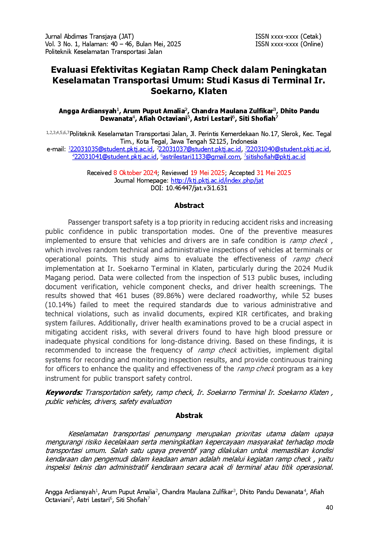 juris Evaluasi Efektivitas Kegiatan Ramp Check Dalam Peningkatan Keselamatan Transportasi Umum Studi Kasus Di Terminal Ir Soekarno Klaten
