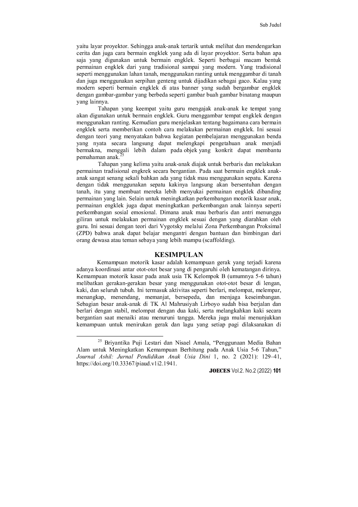 JURIS Penerapan Permainan Tradisional Engklek dalam Kemampuan Motorik Kasar Anak Kelompok B