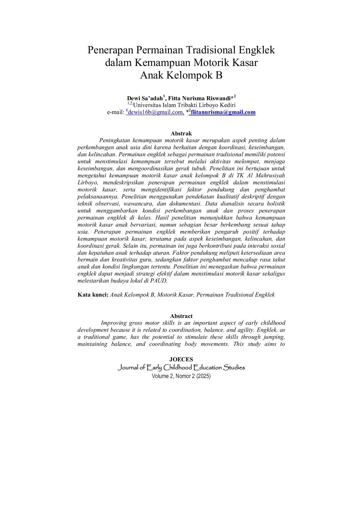 JURIS Penerapan Permainan Tradisional Engklek dalam Kemampuan Motorik Kasar Anak Kelompok B