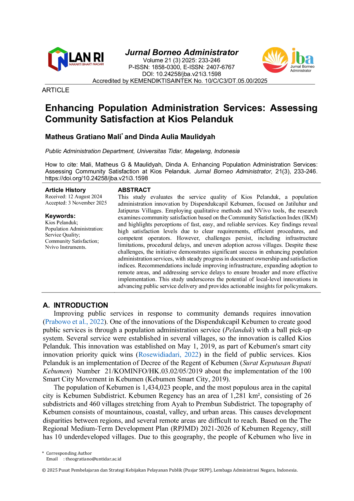 JURIS Enhancing Population Administration Services Assessing Community Satisfaction at Kios Pelanduk