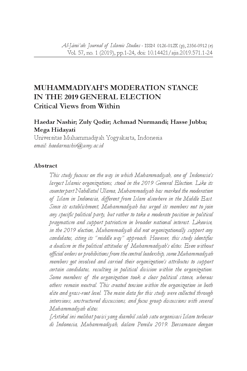 juris Muhammadiyah s Moderation Stance in the 2019 General Election Critical Views from Within