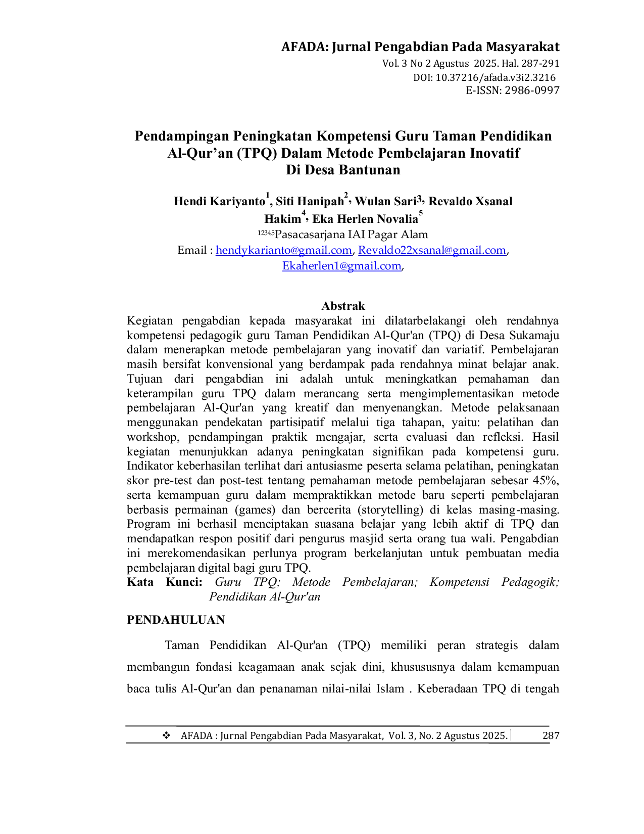 JURIS Pendampingan Peningkatan Kompetensi Guru Taman Pendidikan Al Qur an TPQ Dalam Metode Pembelajaran Inovatif Di Desa Bantunan