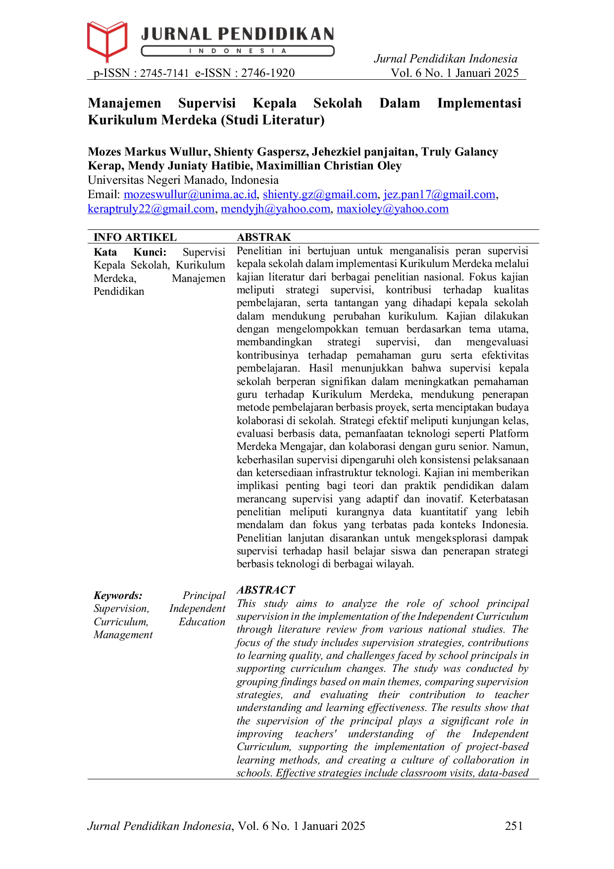 JURIS Manajemen Supervisi Kepala Sekolah Dalam Implementasi Kurikulum Merdeka Studi Literatur