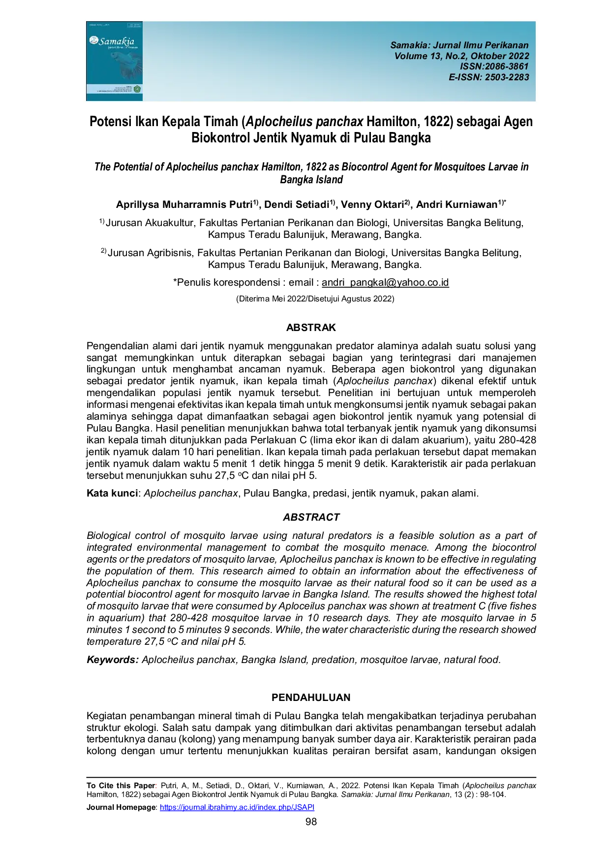 JURIS Potensi Ikan Kepala Timah Aplocheilus panchax Hamilton 1822 sebagai Agen Biokontrol Jentik Nyamuk di Pulau Bangka