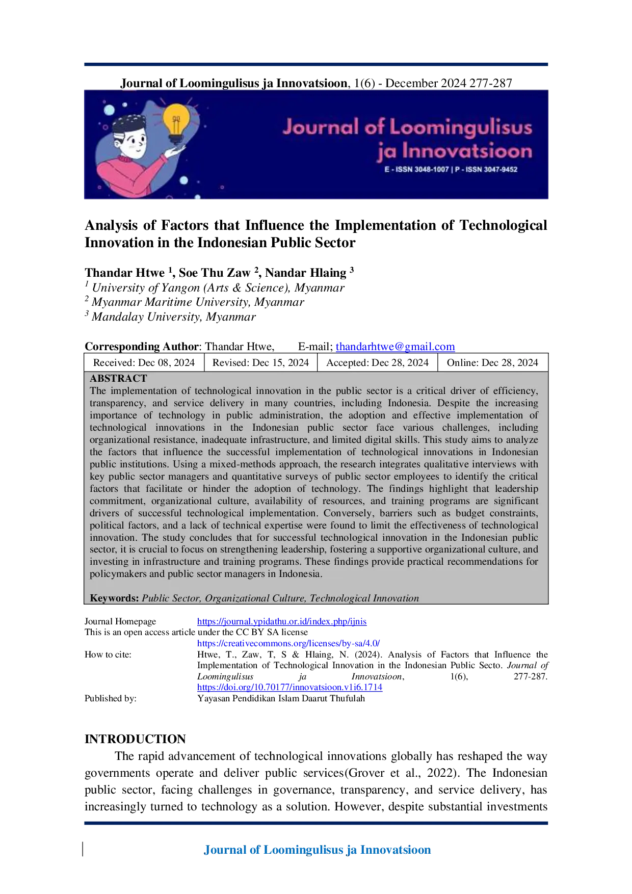 JURIS Analysis of Factors that Influence the Implementation of Technological Innovation in the Indonesian Public Sector
