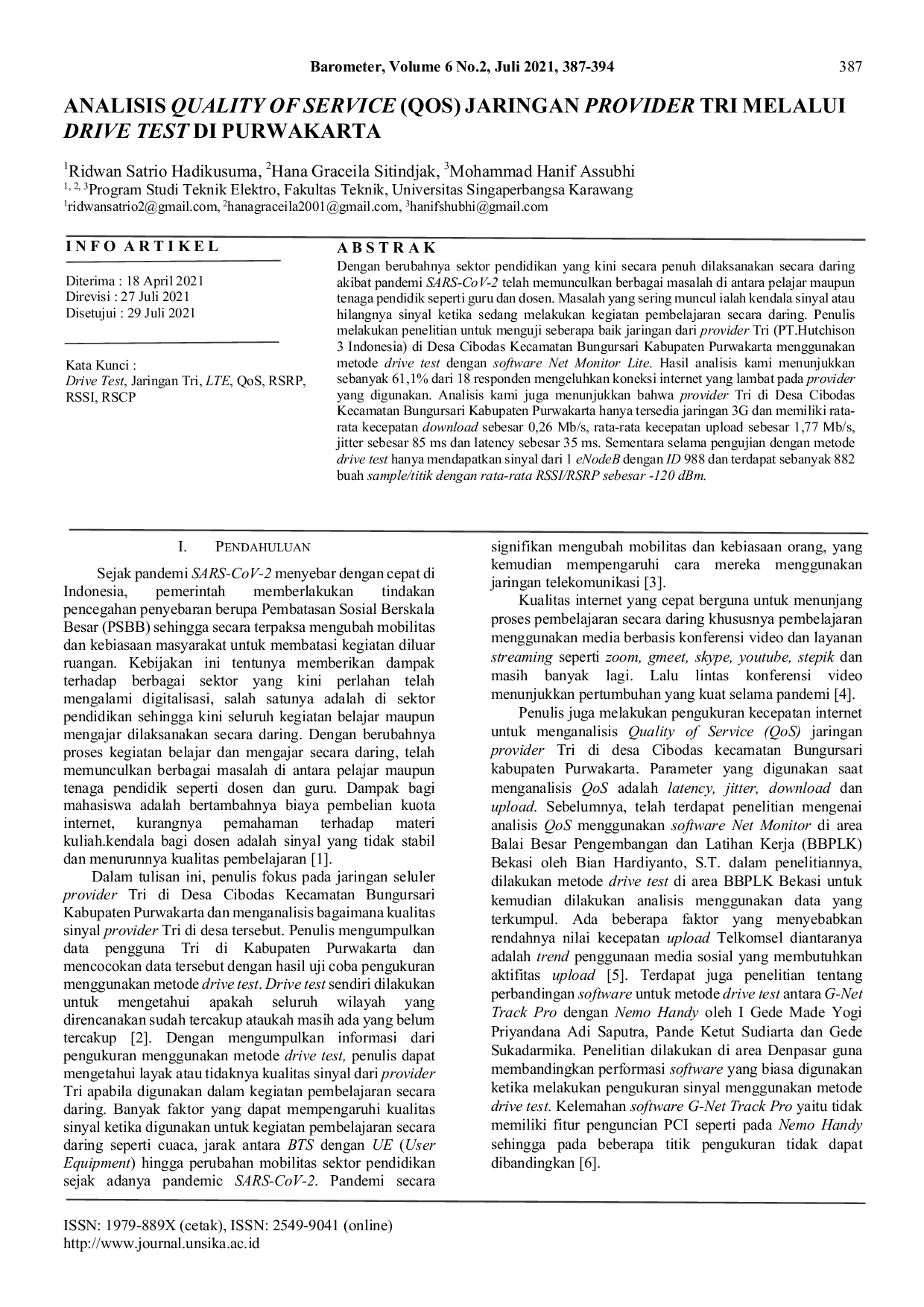 JURIS Analisis Quality Of Service Qos Jaringan Provider Tri Melalui Drive Test Di Purwakarta