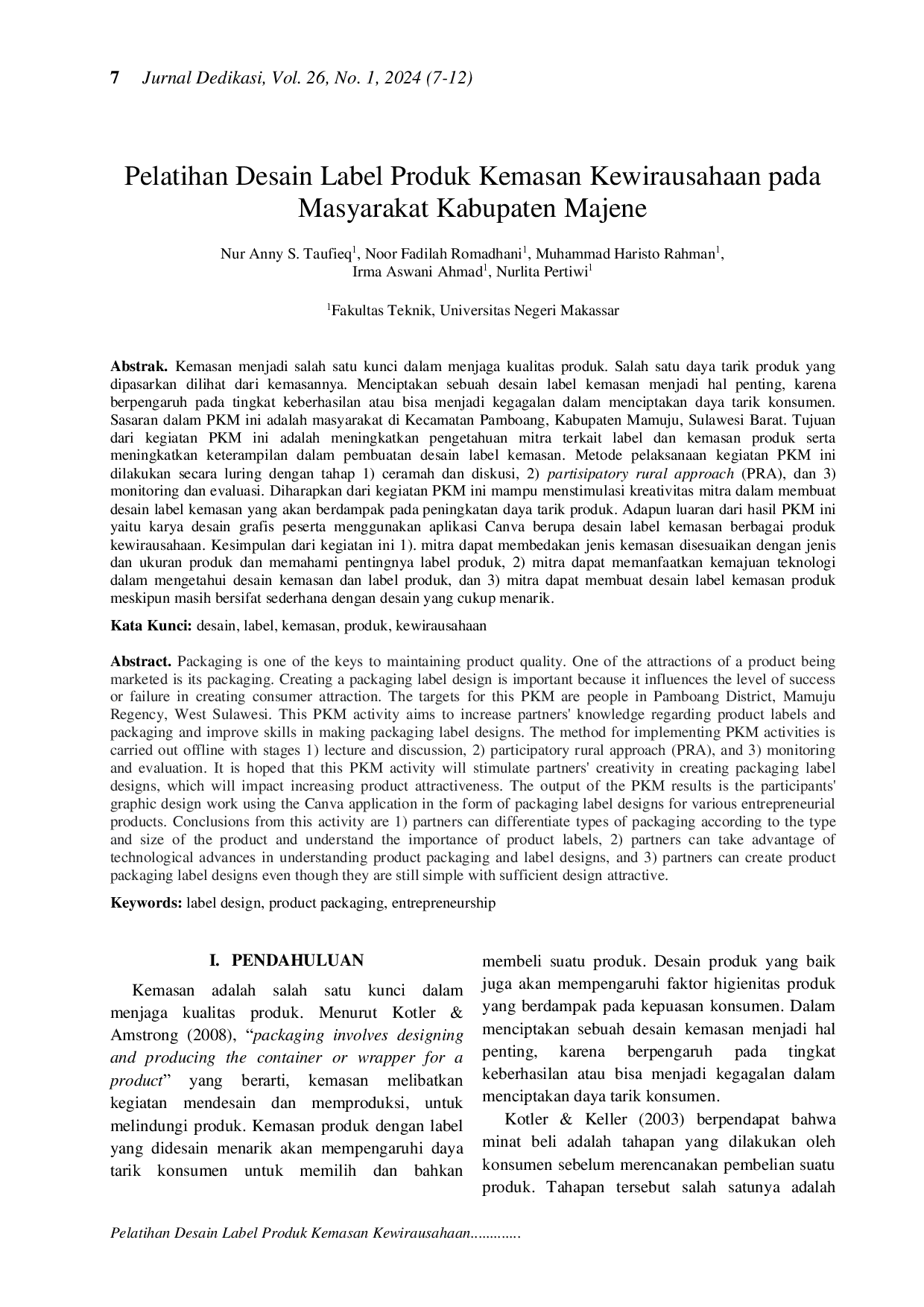 JURIS Pelatihan Desain Label Produk Kemasan Kewirausahaan pada Masyarakat Kabupaten Majene