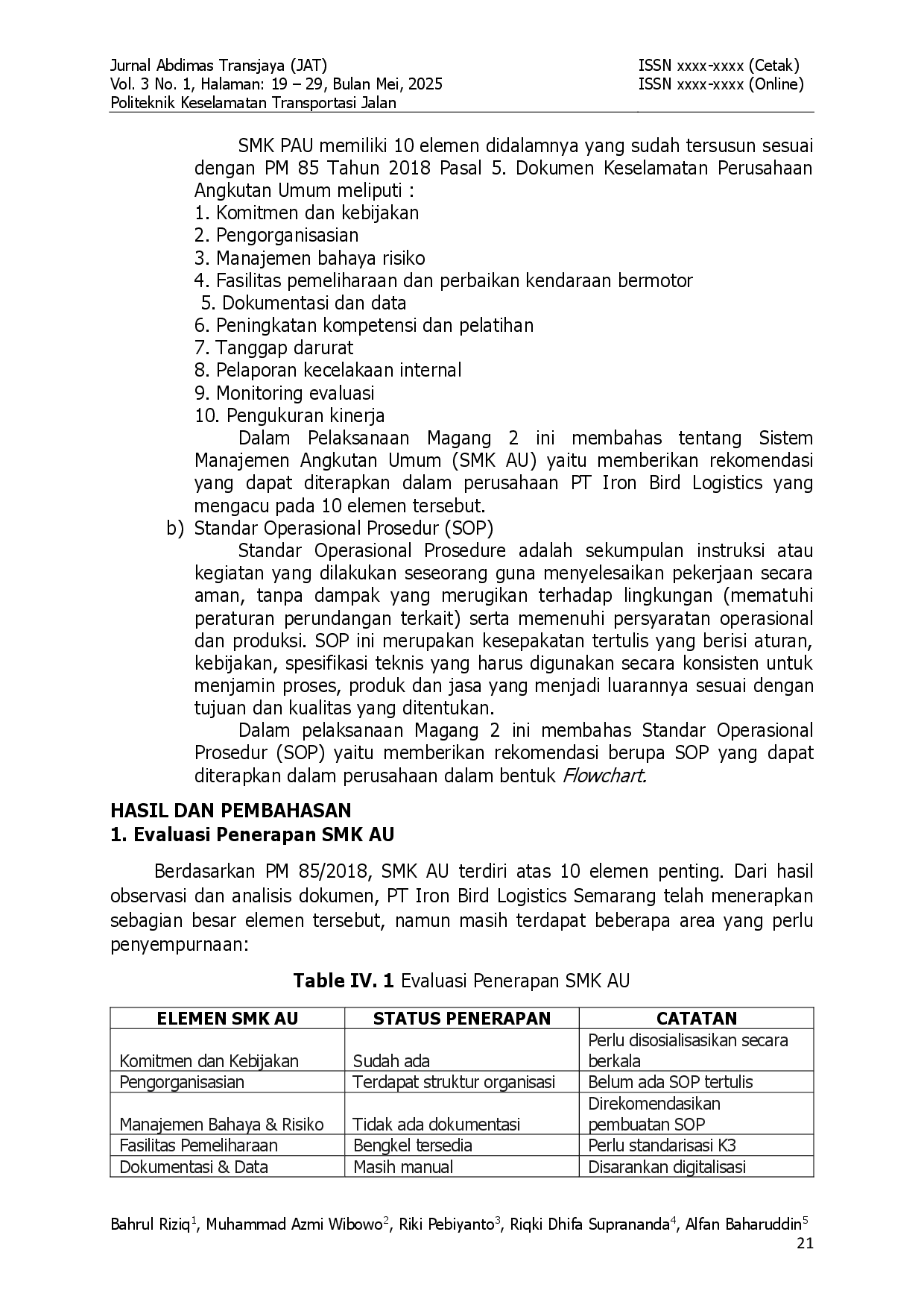 juris Evaluasi Penerapan Sistem Manajemen Keselamatan Angkutan Umum di PT Iron Bird Logistics Semarang dan Rekomendasi SOP untuk Meningkatkan Keselamatan Operasional