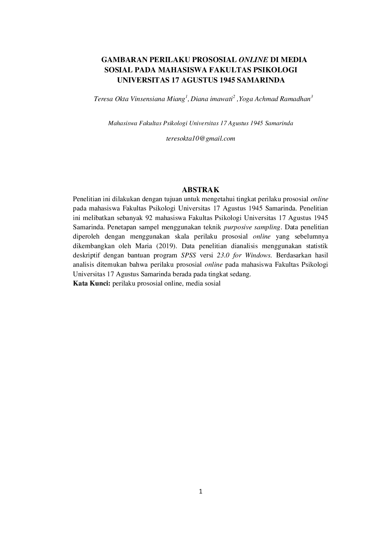 JURIS Gambaran Perilaku Prososial Online Di Media Sosial Pada Mahasiswa Fakultas Psikologi Universitas 17 Agustus 1945 Samarinda