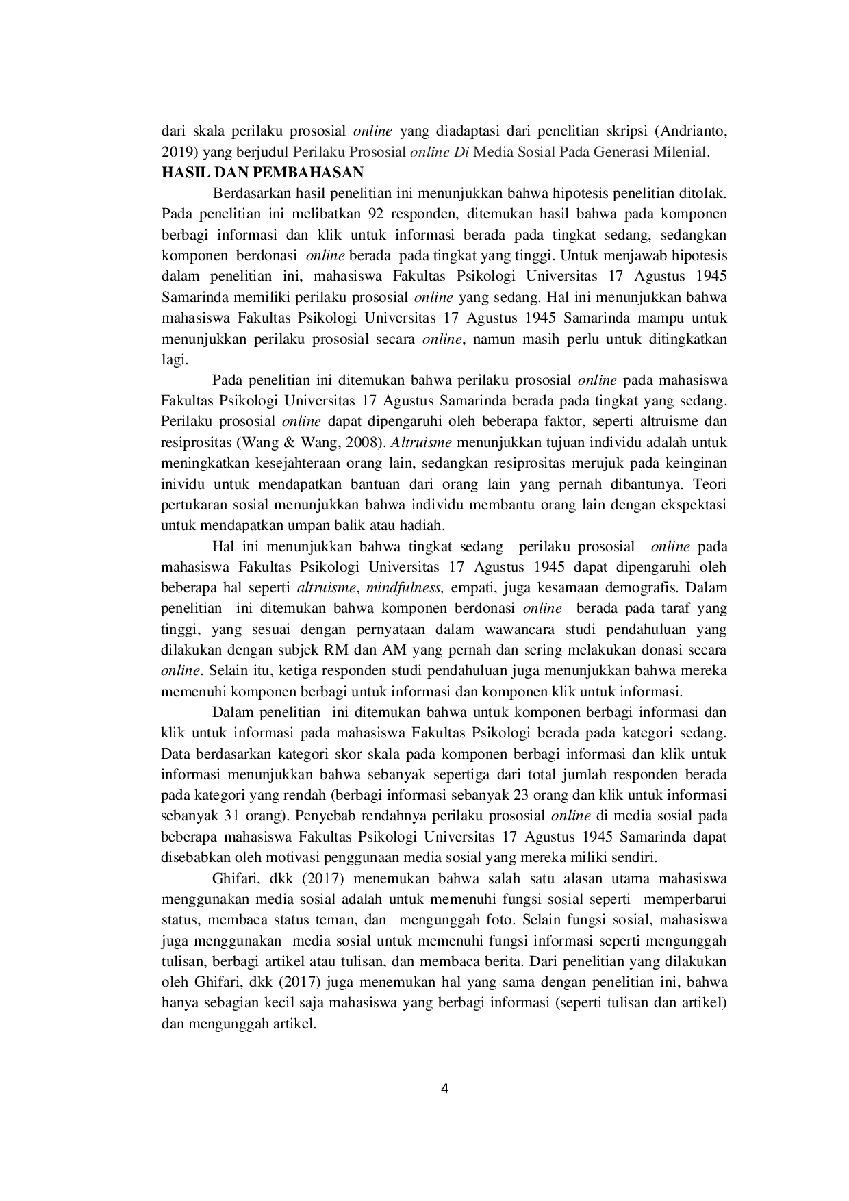 JURIS Gambaran Perilaku Prososial Online Di Media Sosial Pada Mahasiswa Fakultas Psikologi Universitas 17 Agustus 1945 Samarinda