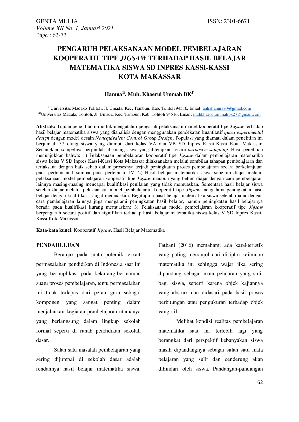 JURIS Pengaruh Pelaksanaan Model Pembelajaran Kooperatif Tipe Jigsaw Terhadap Hasil Belajar Matematika Siswa SD Inpres Kassi Kassi Kota Makassar