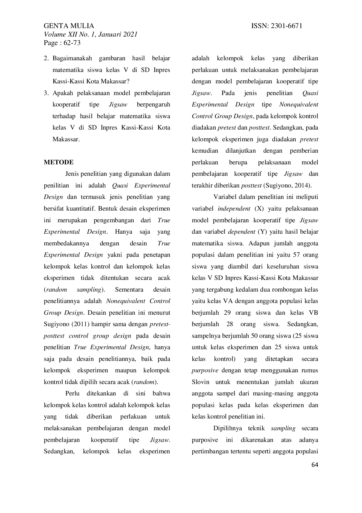JURIS Pengaruh Pelaksanaan Model Pembelajaran Kooperatif Tipe Jigsaw Terhadap Hasil Belajar Matematika Siswa SD Inpres Kassi Kassi Kota Makassar