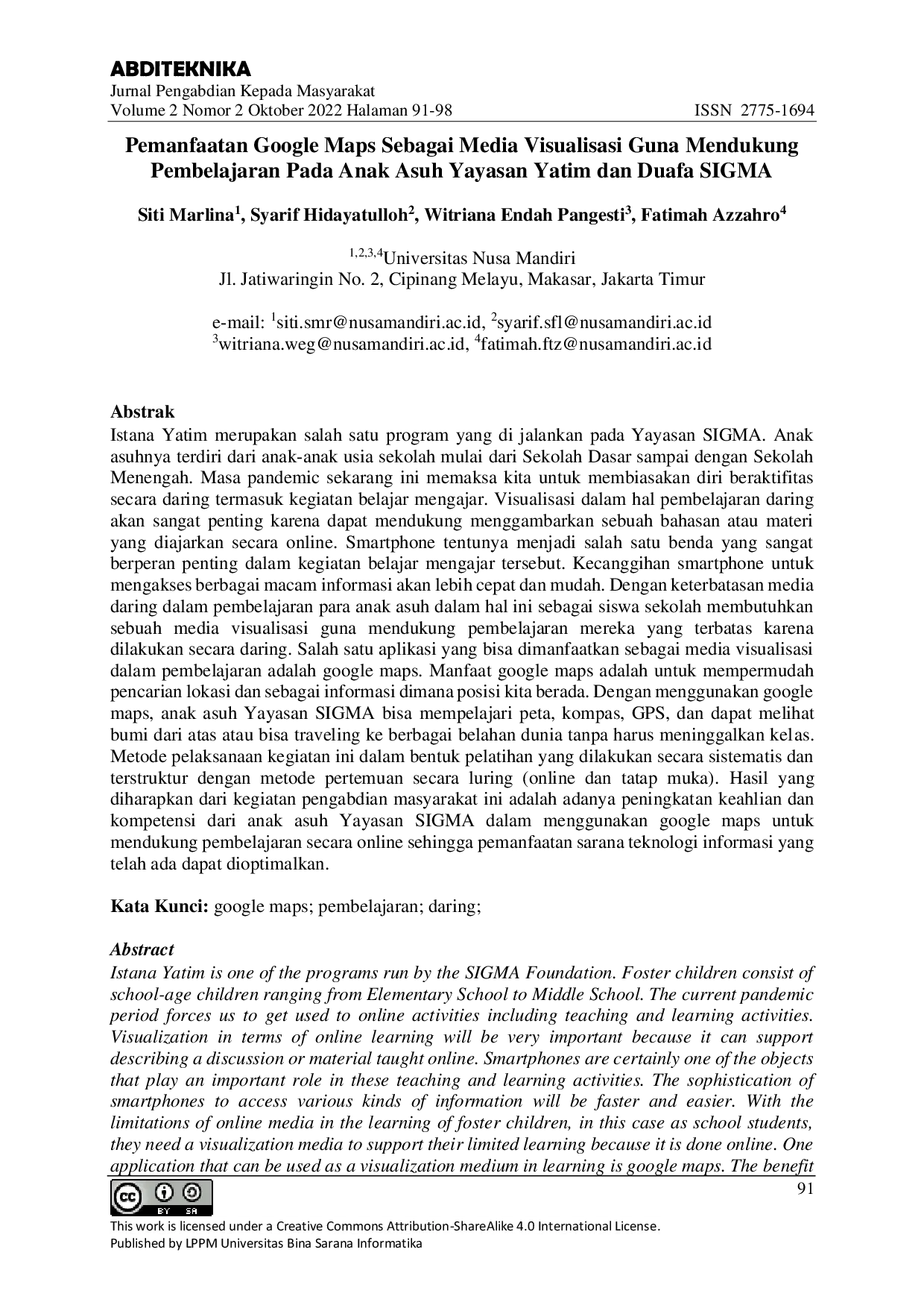 JURIS Pemanfaatan Google Maps Sebagai Media Visualisasi Guna Mendukung Pembelajaran Pada Anak Asuh Yayasan Yatim dan Duafa SIGMA