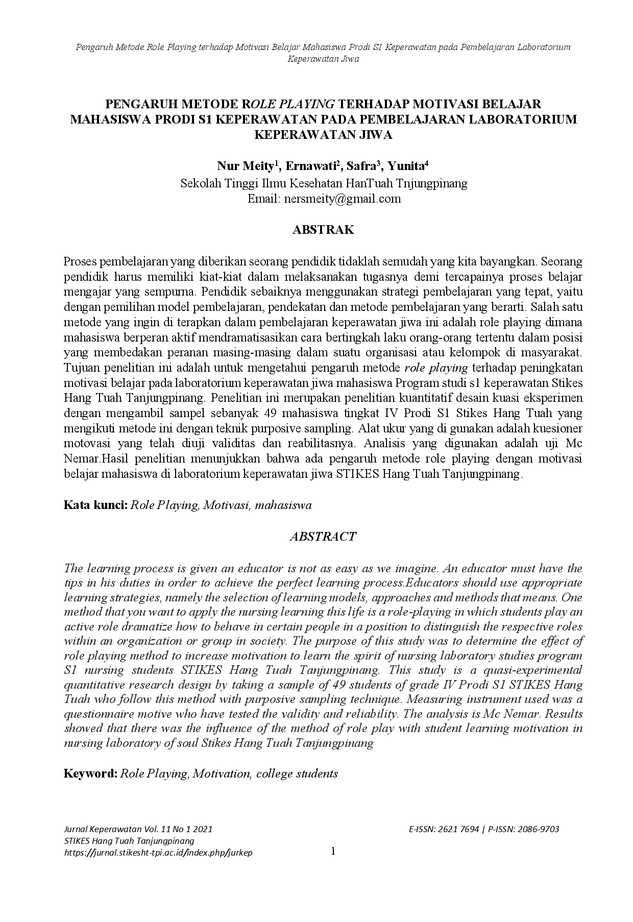 juris Pengaruh Metode Role Playing terhadap Motivasi Belajar Mahasiswa Prodi S1 Keperawatan pada Pembelajaran Laboratorium Keperawatan Jiwa